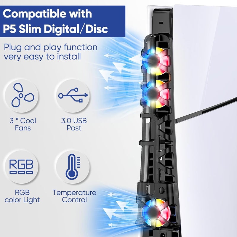 FASTSNAIL RGB Cooling Fan for PS5 Slim Console, Automatic Fan Speed Adjustable by Temperature, Auto Power On/Off, Low Noise Cooling System with RGB LED, USB 3.0 Port, 3 Fans for PS5 Slim - Image 4